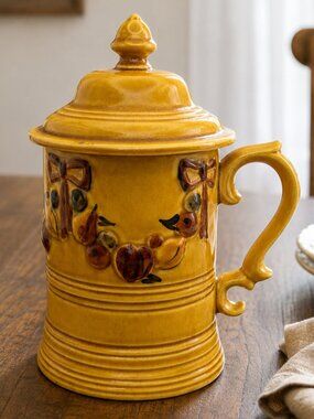 Vintage 1968 Los Angeles Potteries Yellow Lidded Stein Mug Fruit Relief